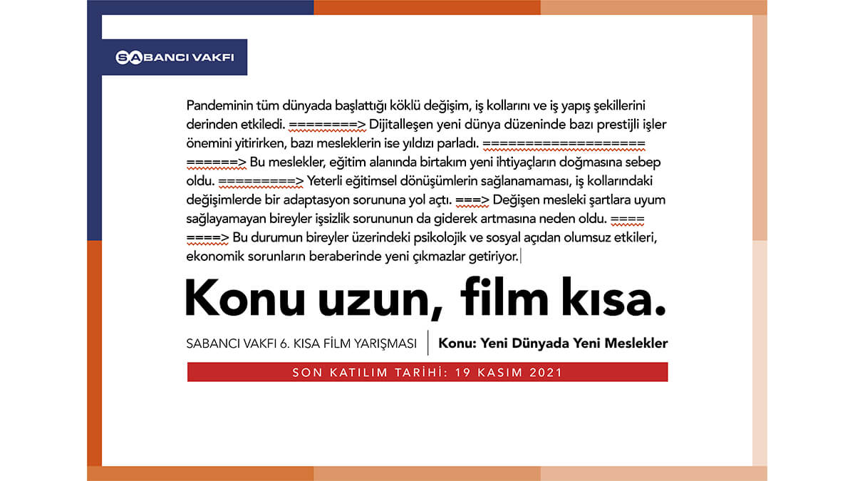 SABANCI VAKFI ALTINCI KISA FİLM YARIŞMASI’NA BAŞVURULAR BAŞLADI. BU YILKİ TEMA: YENİ DÜNYADA YENİ MESLEKLER